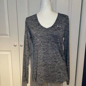 Under Armour Womens Black White Gray Long Sleeve Athletic Shirt V-Neck Sz Medium